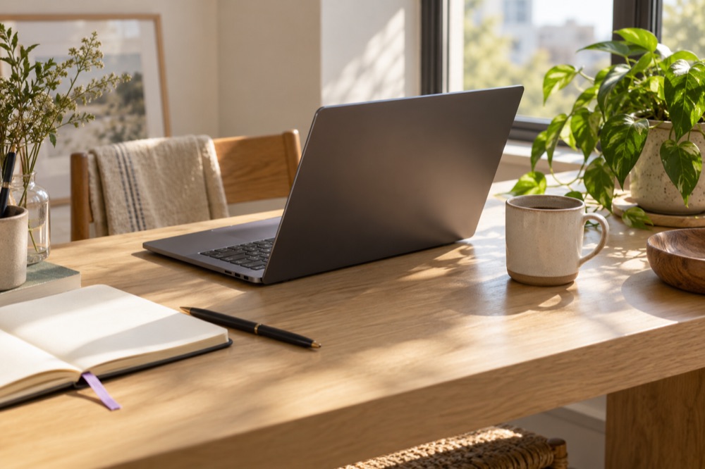 Sunlit desk with a laptop, notebook and coffee